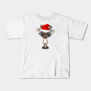 Baby Reindeer Wearing a Santa Hat and Glasses Kids T-Shirt